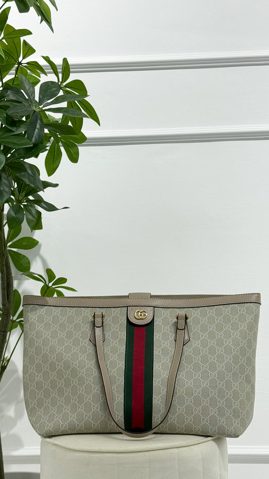 GUCCI Borsa shopping Ophidia GG beige e bianca