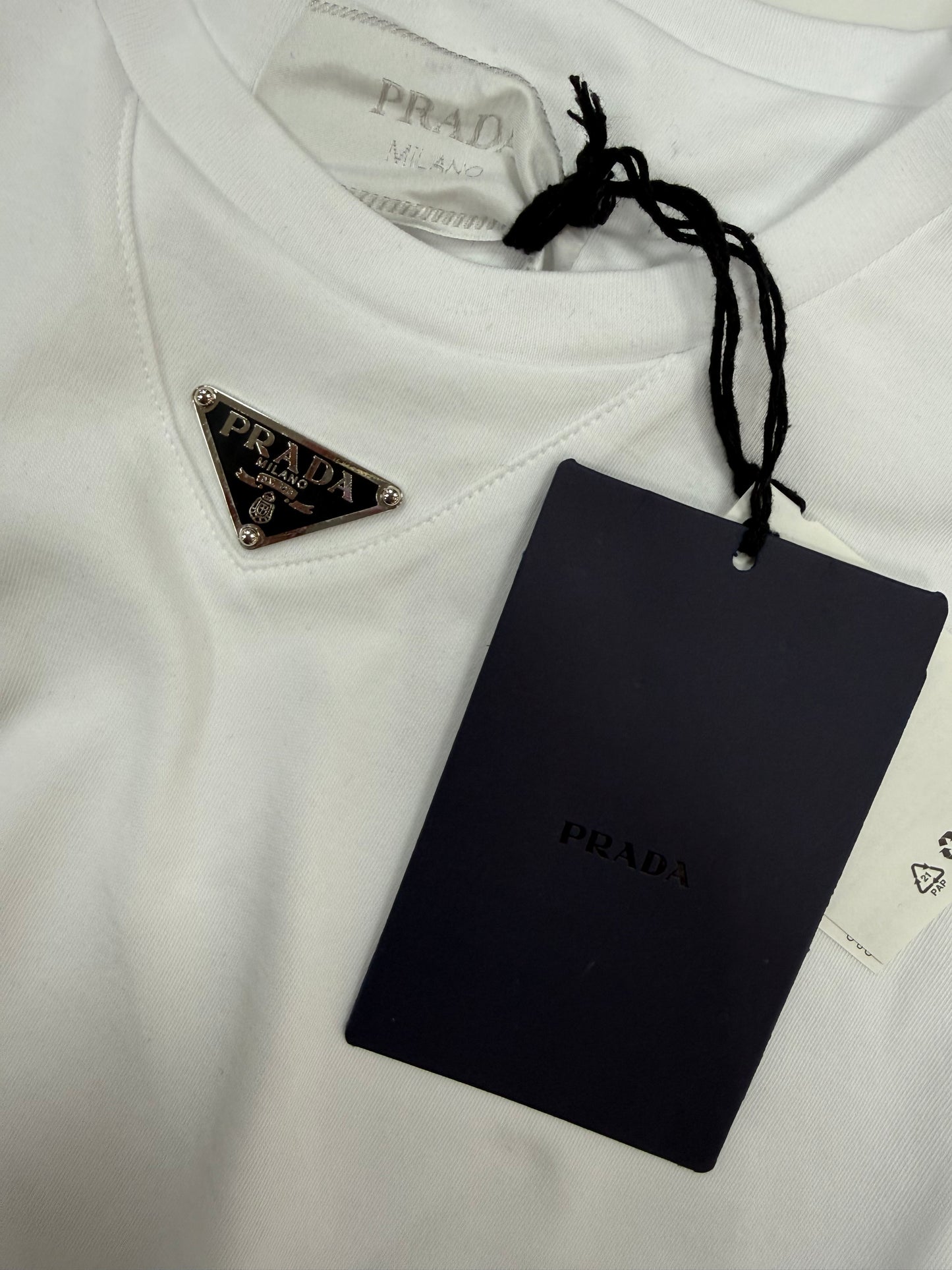 PRADA T-Shirt with enameled metal triangle logo Bianca