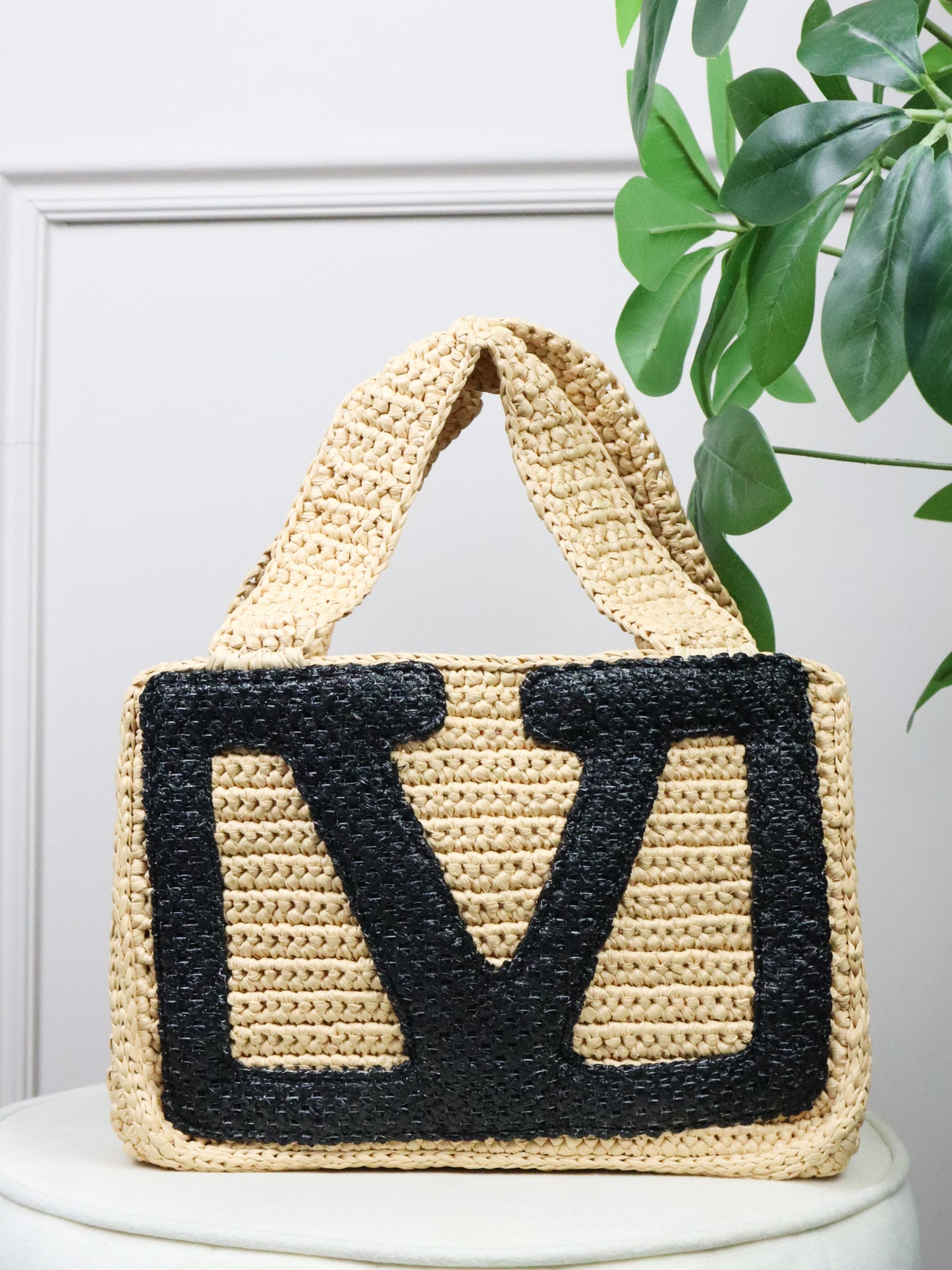 VALENTINO Borsa VLogo raffia tote beige