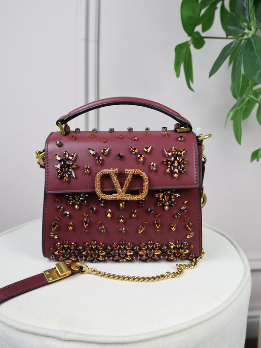 VALENTINO Borsa a mano mini Vsling bordeaux con strass